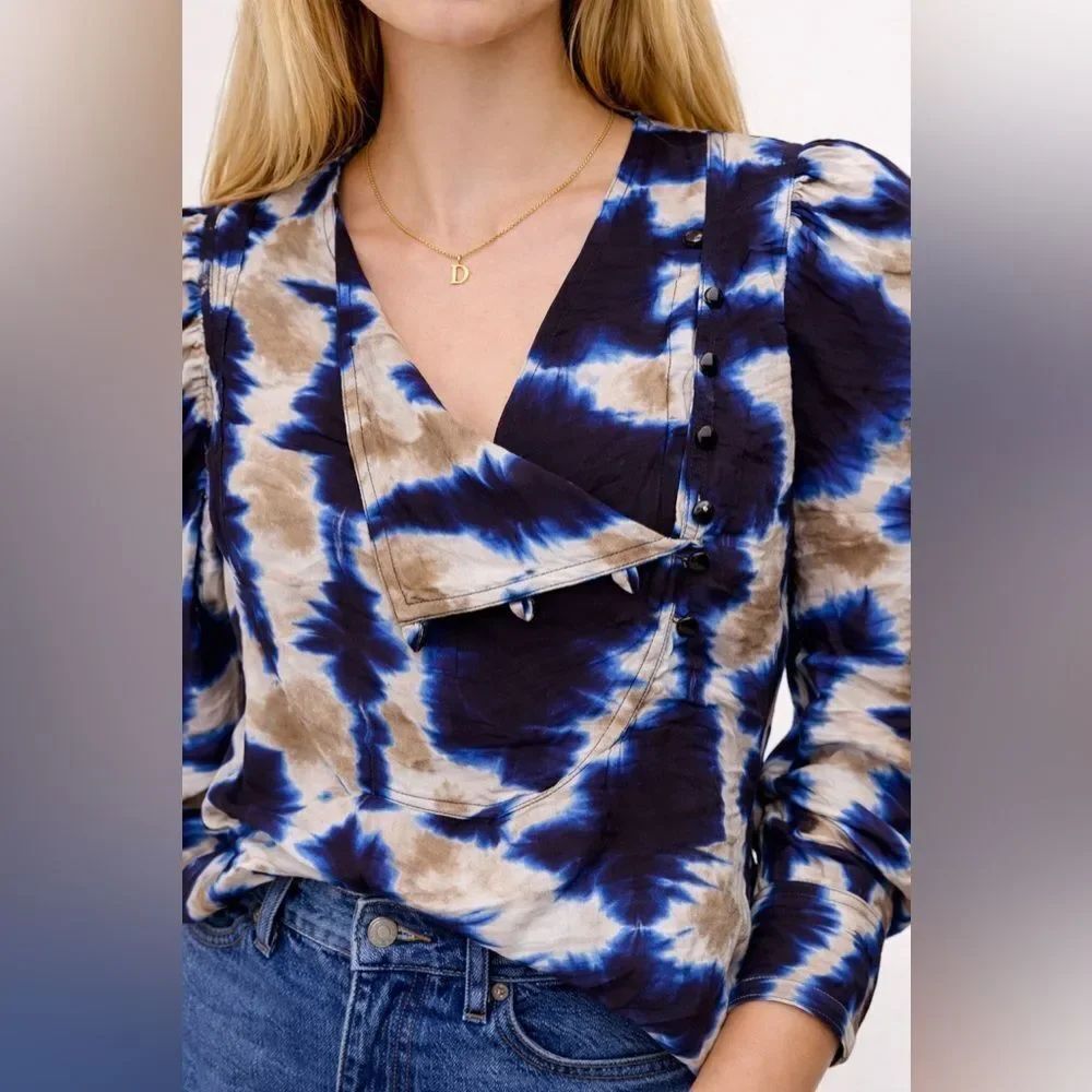MUNTHE Abstract Tie Dye Blouse Blue Silk Feel Asymmetrical Flap Button Top Small